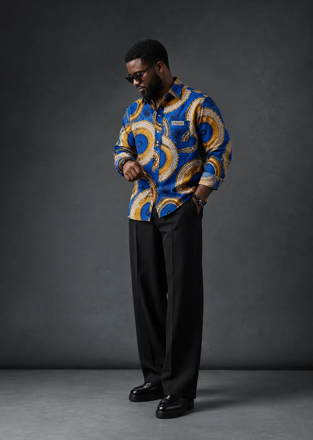 The chosn model in the Cobalt Reverie Shirt, after dark
