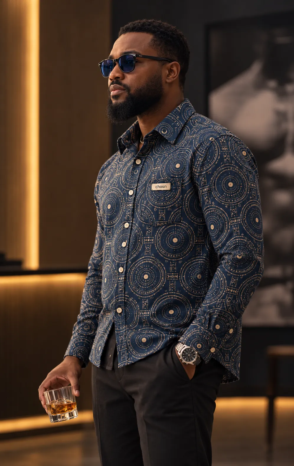 The chosn model in the Indigo Rhythm Shirt, after dark