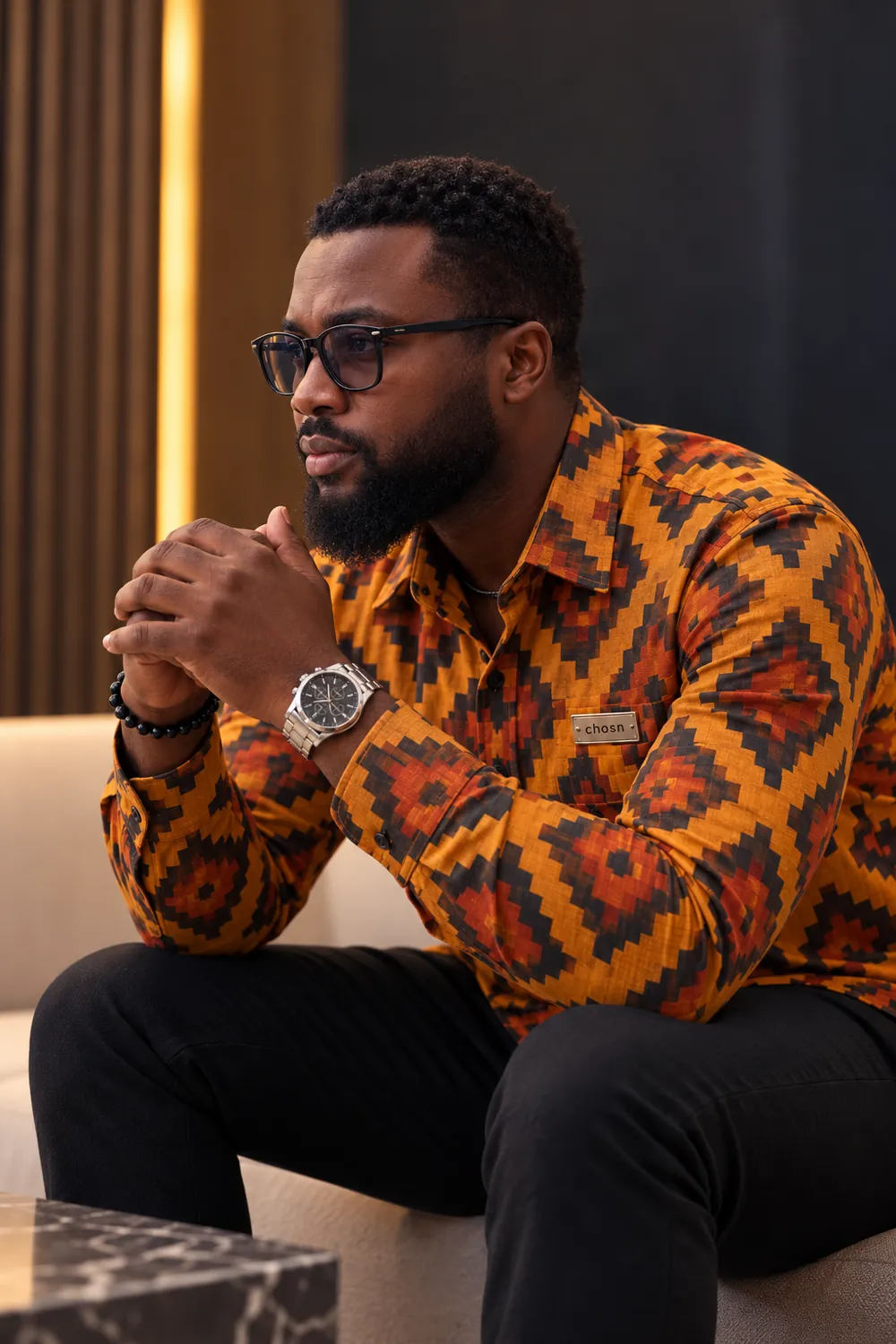 The chosn model in the Saffron Weave Shirt, after dark