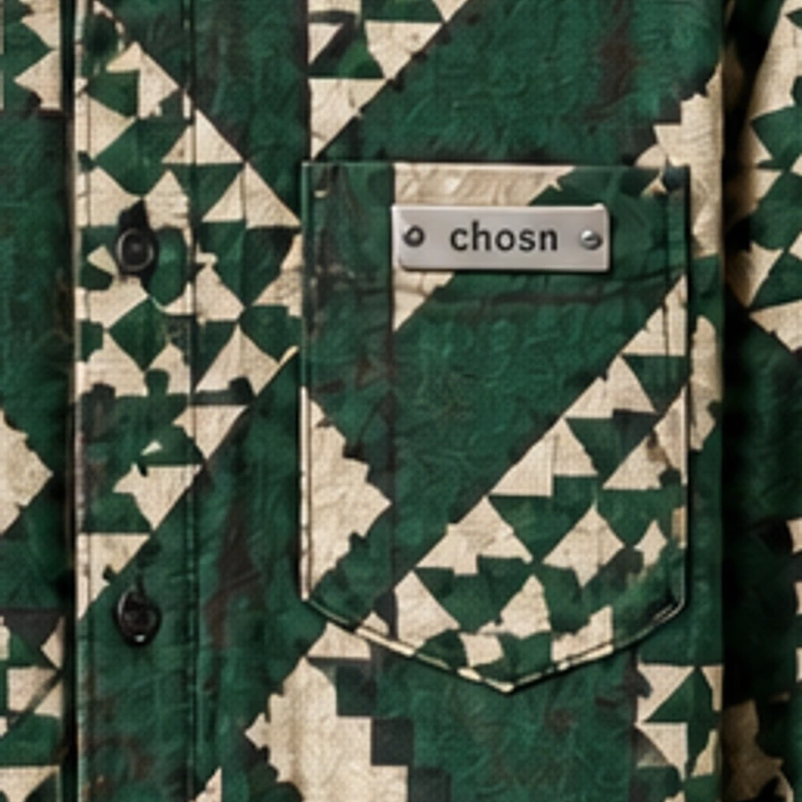Close view of the Forest Mosaic print and engraved silver chosn pocket badge
